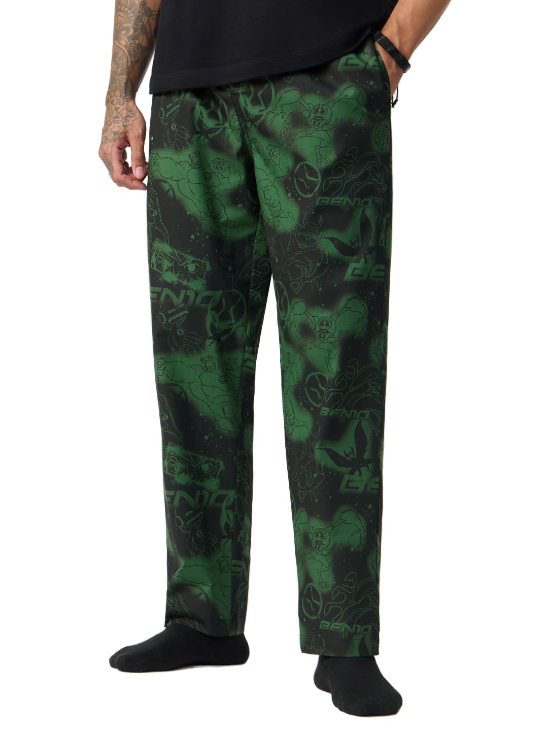 The Souled Store Ben 10 Alien Force: Heroic Graphic Print Men and Boys Elasticated Waist Black and Green All-Over Print Cotton Regular Fit Breathable Lightweight Lounge Pyjamas |Black