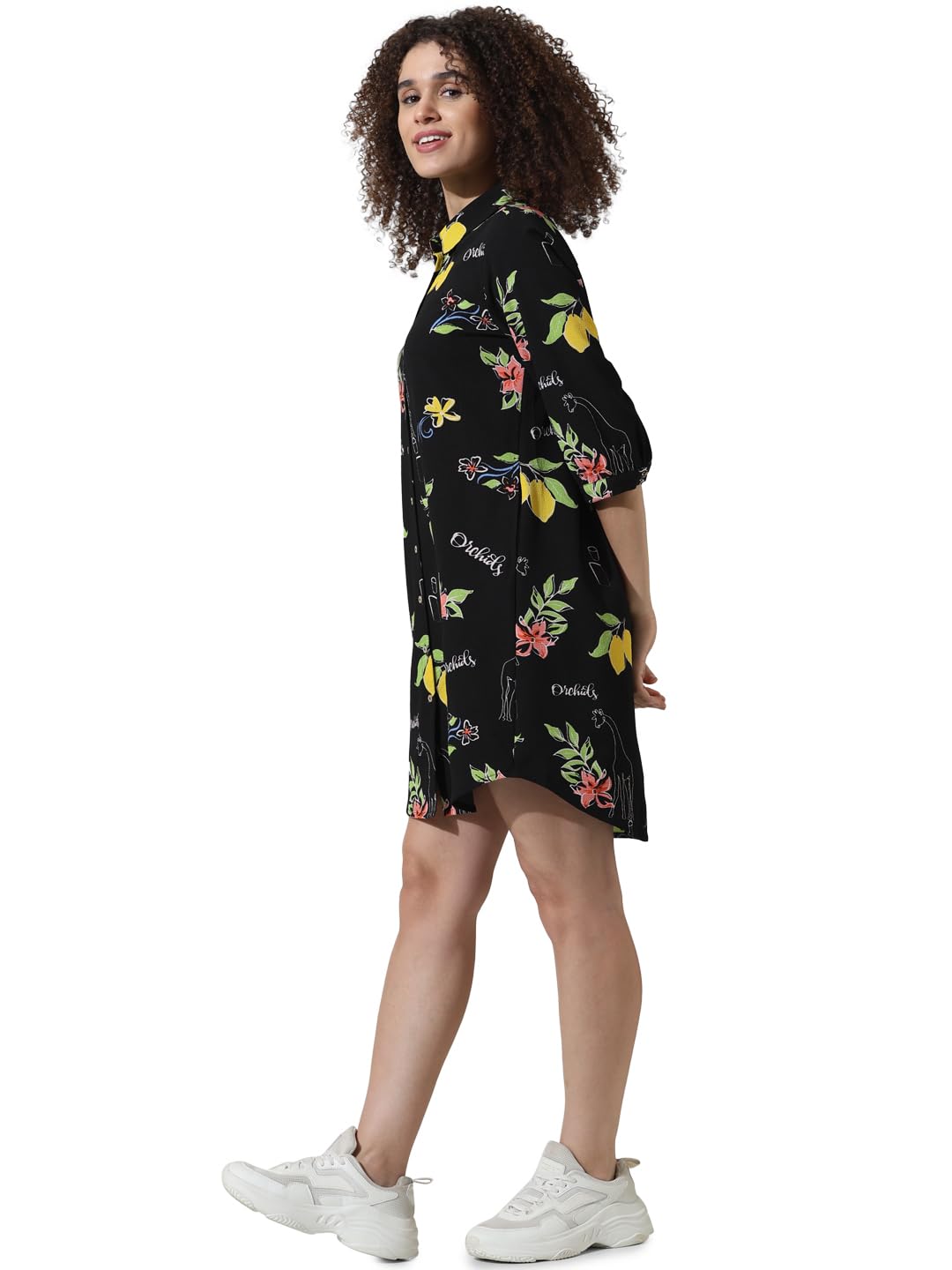 ONLY Women Printed Polyester Above Knee Black Shirt Dress