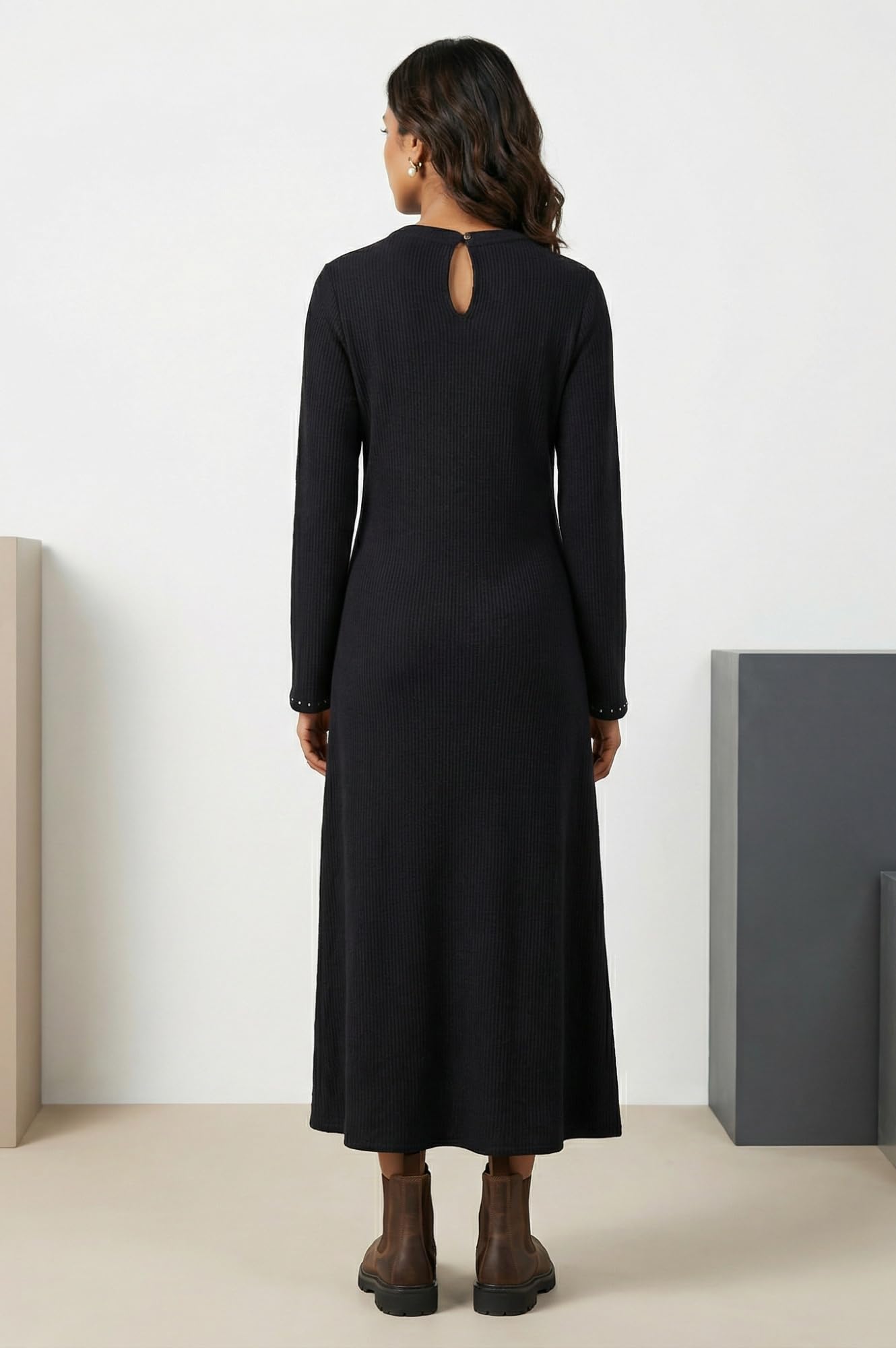 W for Woman Black Yarn Dyed Embroidered Rayon Blend A-line Winter Dress - (W13321-224580-XL)