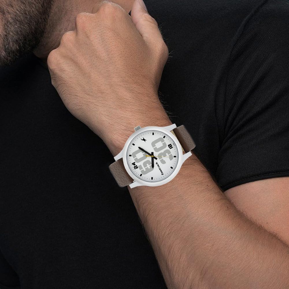 Fastrack Mens Analog White Dial Brown Band Leather Watch