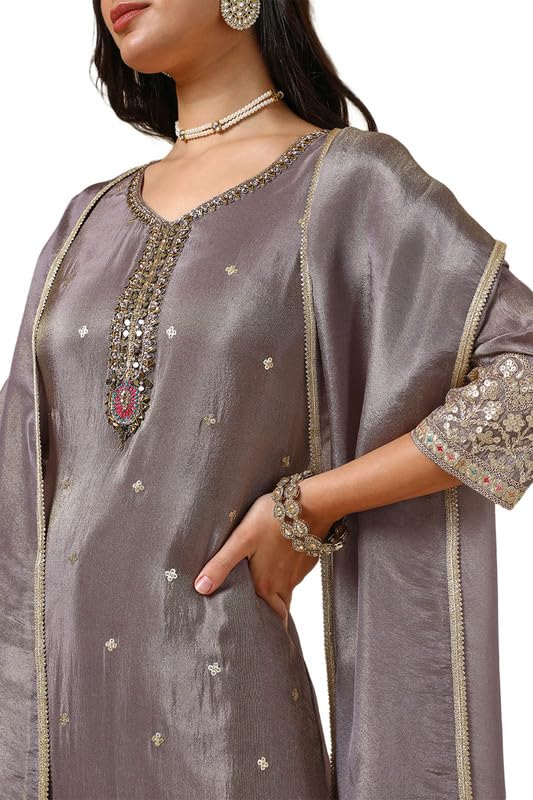 Soch Womens Grey Tissue Suit Set With Stones And Sequins