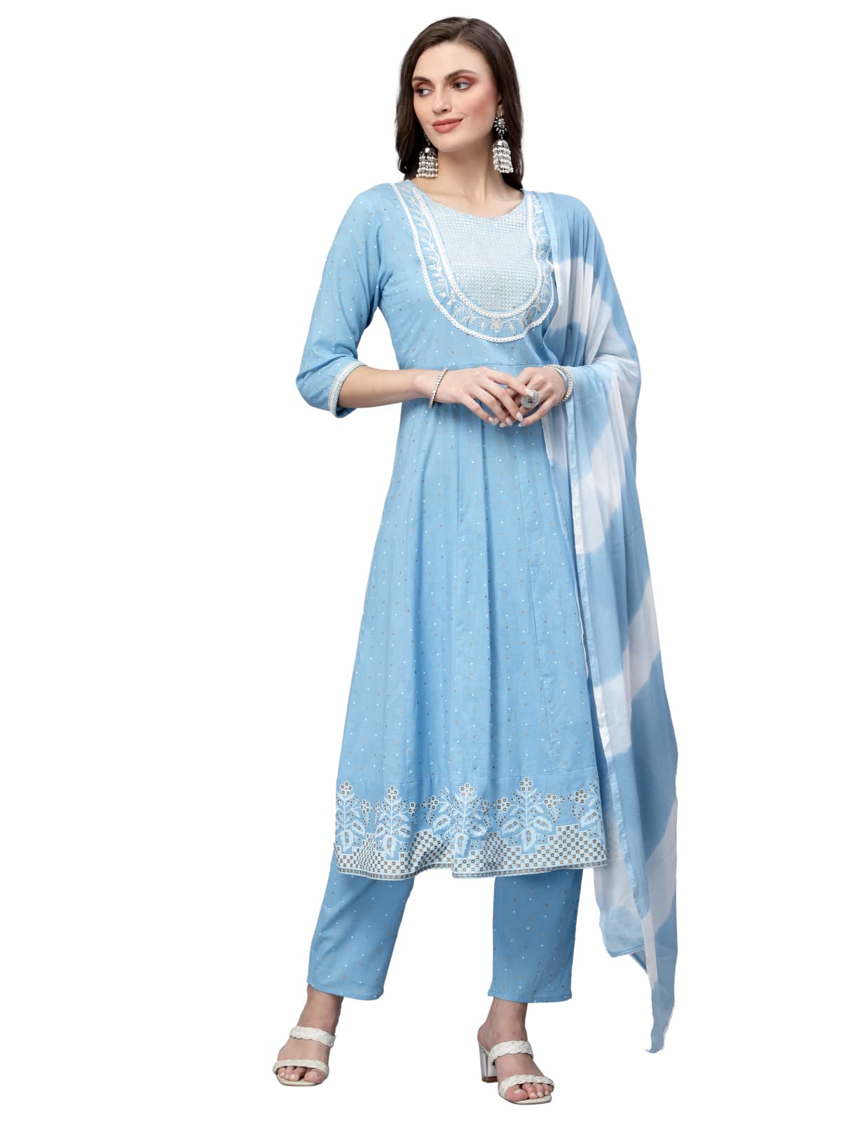 Stylum Women's Printed & Embroidered Cotton Anarkali Kurta Pant Dupatta Set