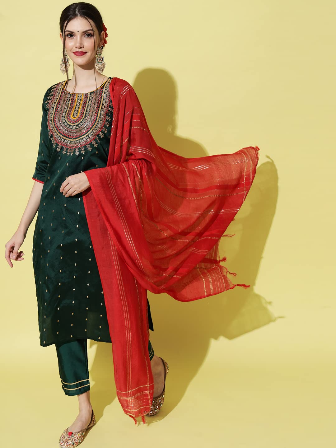 VredeVogel Women's Silk Blend Embroidered Straight Kurta & Trousers Pant With Dupatta (Green_X-Large, Regular Fit)