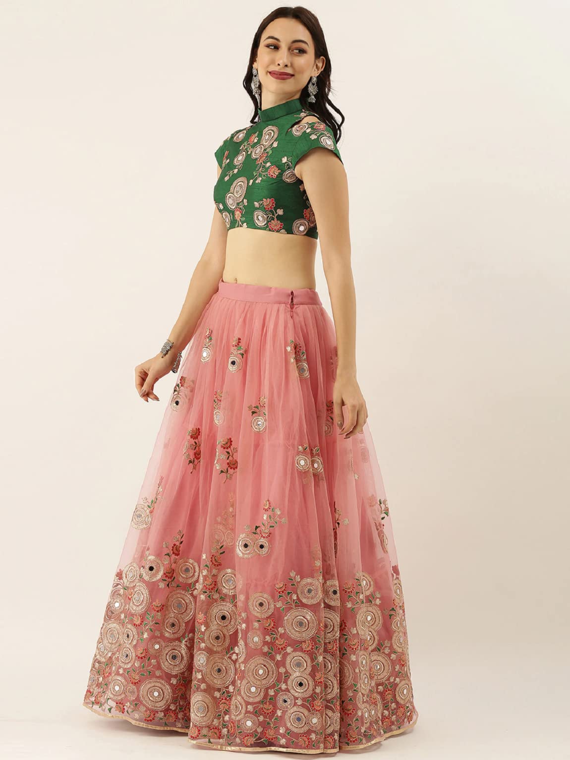 Divine International Trading Co Women's Net Embroidered Semi-Stitched Lehenga Choli with Dupatta (Peach-Wedding-Girlish-Latest-Lehenga; Free Size;7315)