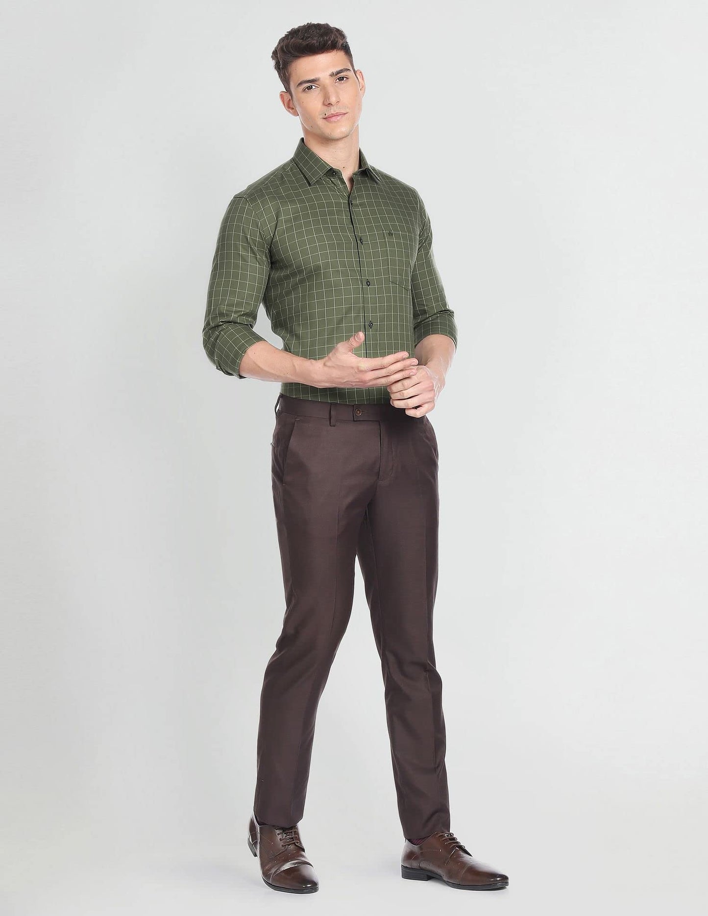 Arrow Men's Checkered Full Sleeve Slim Fit Cutaway Collar Cotton Formal Shirt (ARADOSH1244_Dark Green_40)