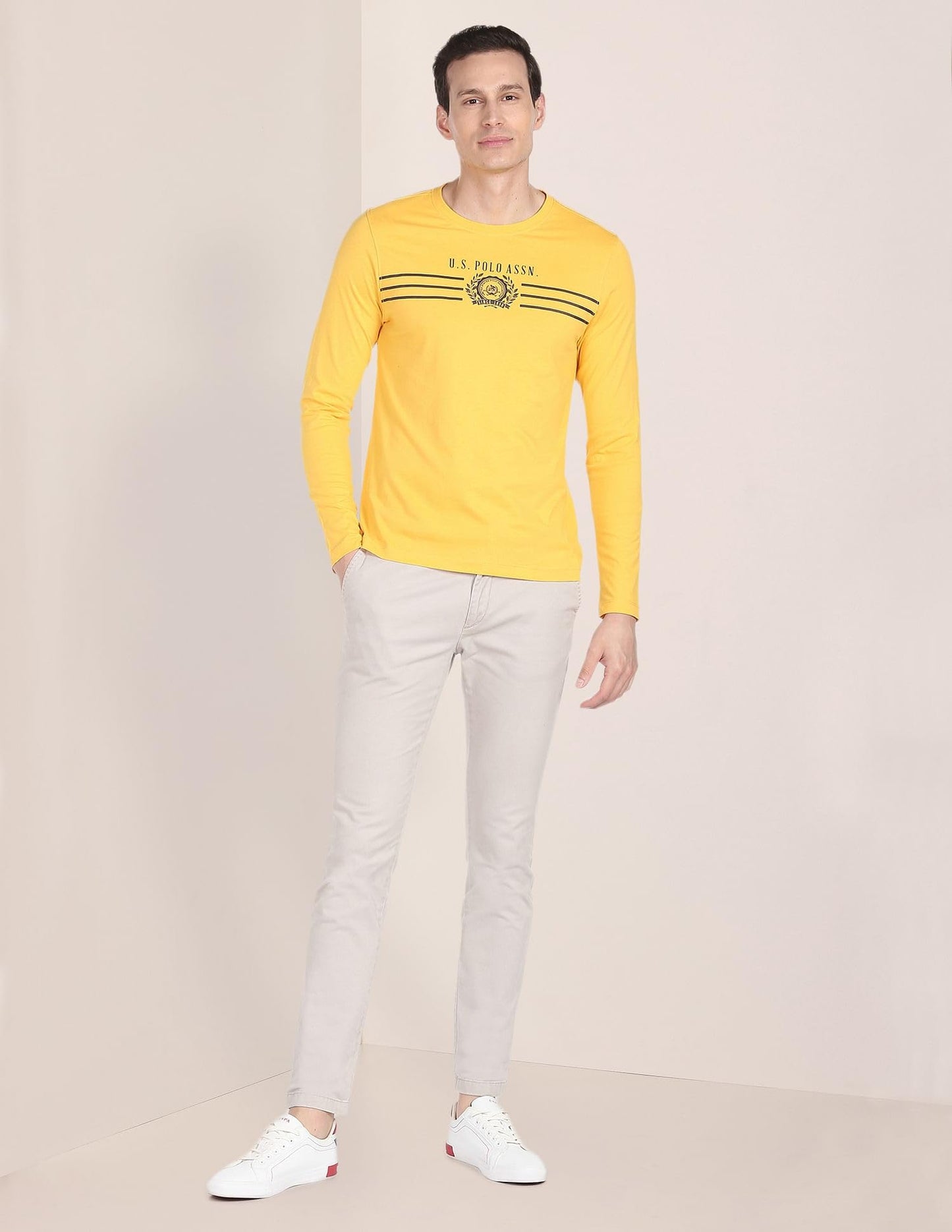 U.S. POLO ASSN. Men's Crew Neck Long Sleeve Brand Print Cotton T-Shirt (USTSHS1382_Yellow_L)