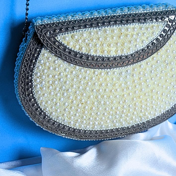 Handmade Pearl Mosaic Evening Clutch, Brass Frame with Chain Strap, Traditional Wedding Party Purse