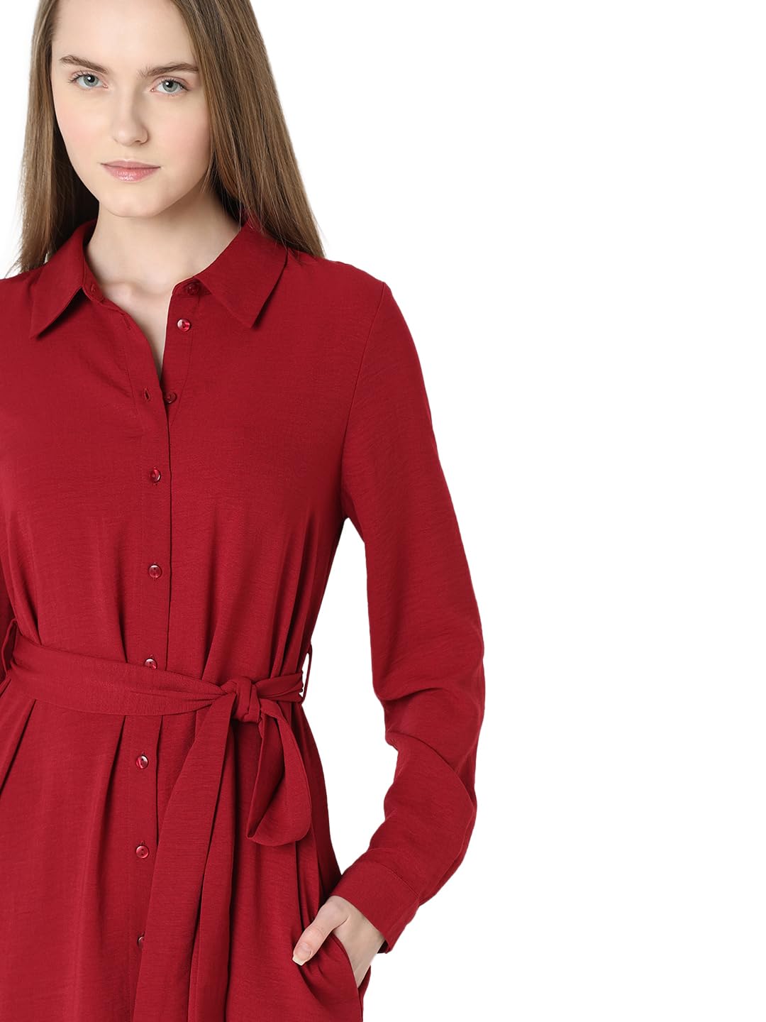 VERO MODA Women Solid Red Polyester Midi Length Shirt Dress