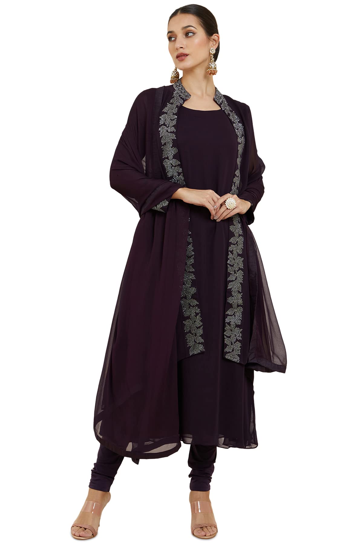 Soch Women Purple Georgette Embellished Suit Set