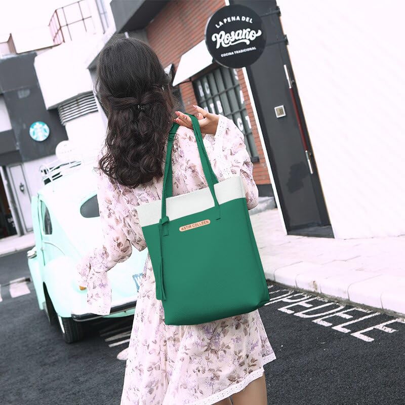 ASTIR COLLEEN Vegan Leather Women's Classic Tote Bag With Zipper (Green-White)