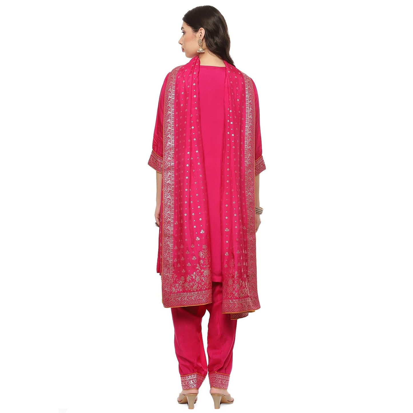 BIBA WOMEN YARNDYED STRAIGHT SALWAR KURTA DUPATTA(SKDBANARASI8848_FUCHSIA_38)