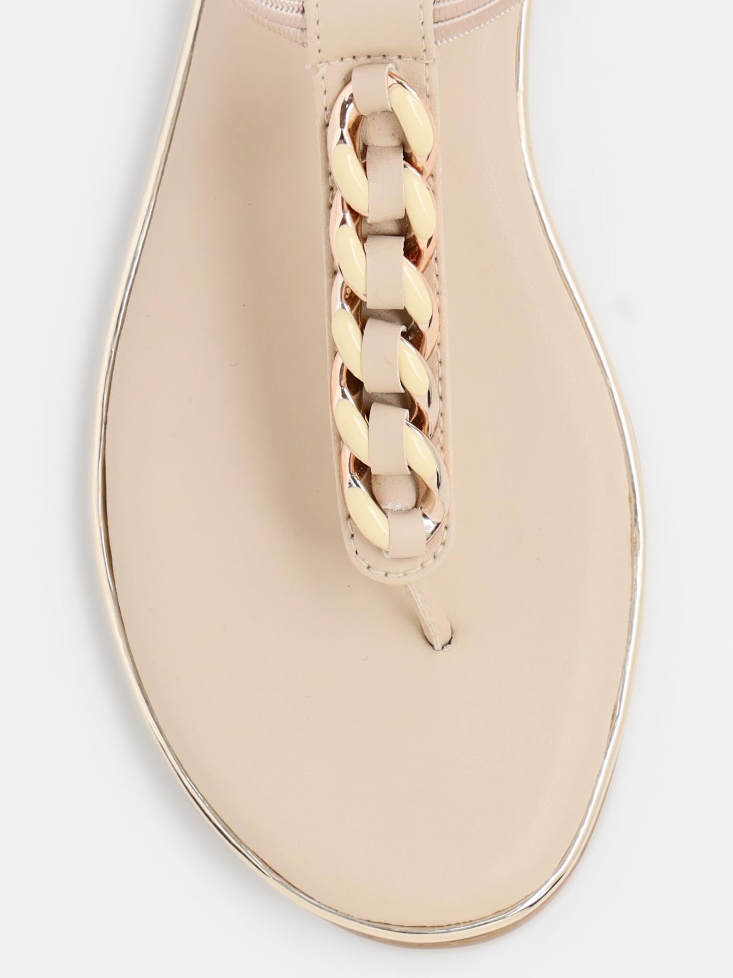 KENNETH COLE Women's Flat Sandal | Synthetic | Gold-Tone Chain T-Strap, Elastic Ankle Strap | White, EU39