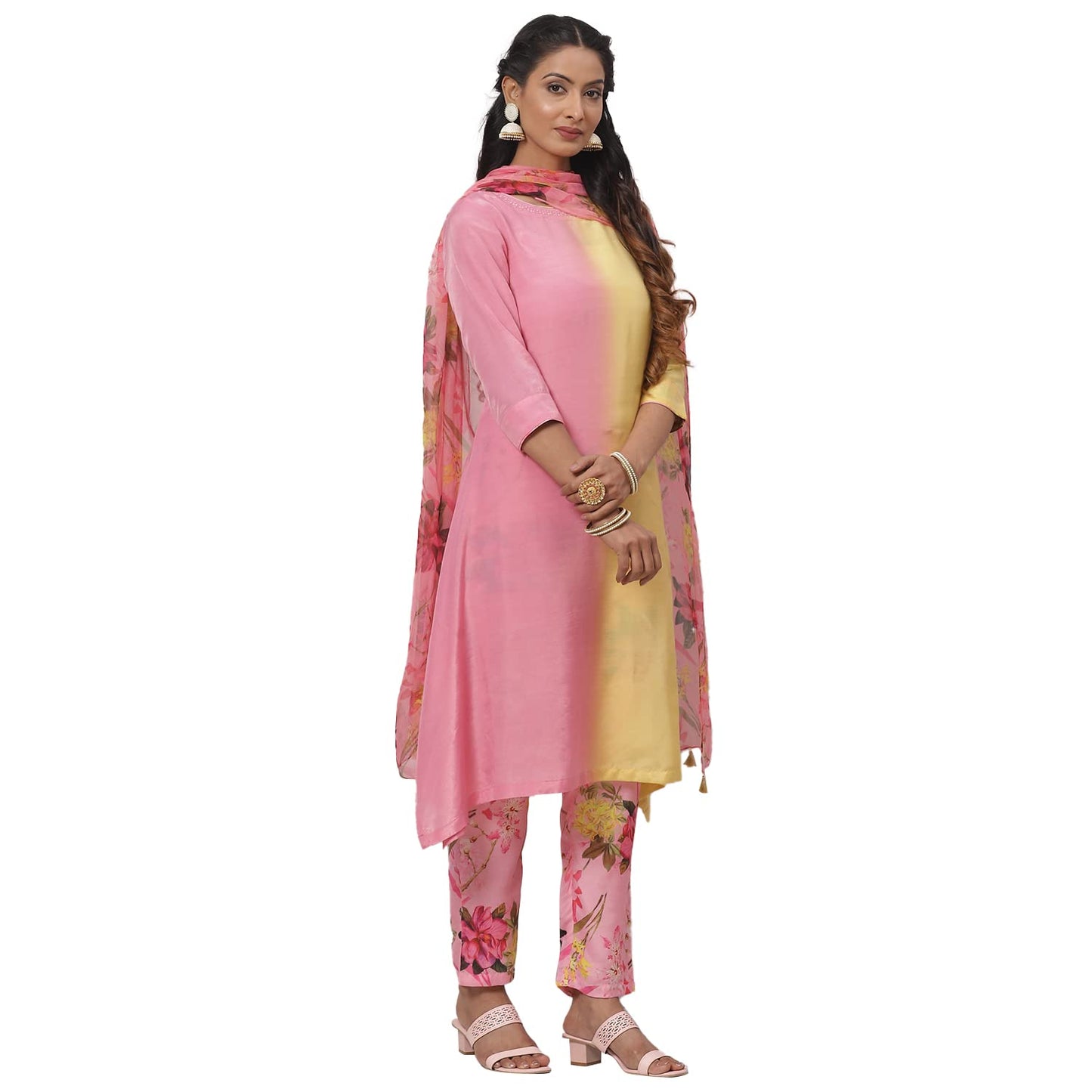 BIBA WOMEN PRINTED NARROW SALWAR KURTA DUPATTA(SKDCANDY KU7888_YELLOW-PINK_40)
