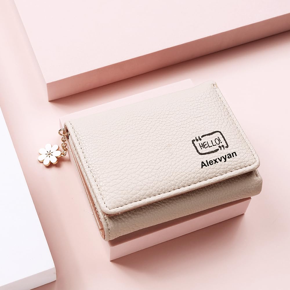 Alexvyan Hello Small Tri-Fold Women's Purse Wallet Card Organizer Female Hand Purse Clutch Women/Ladies/Girls Wallets 5 Card Holder 1 Long & 1 Small Pocket (Off White)