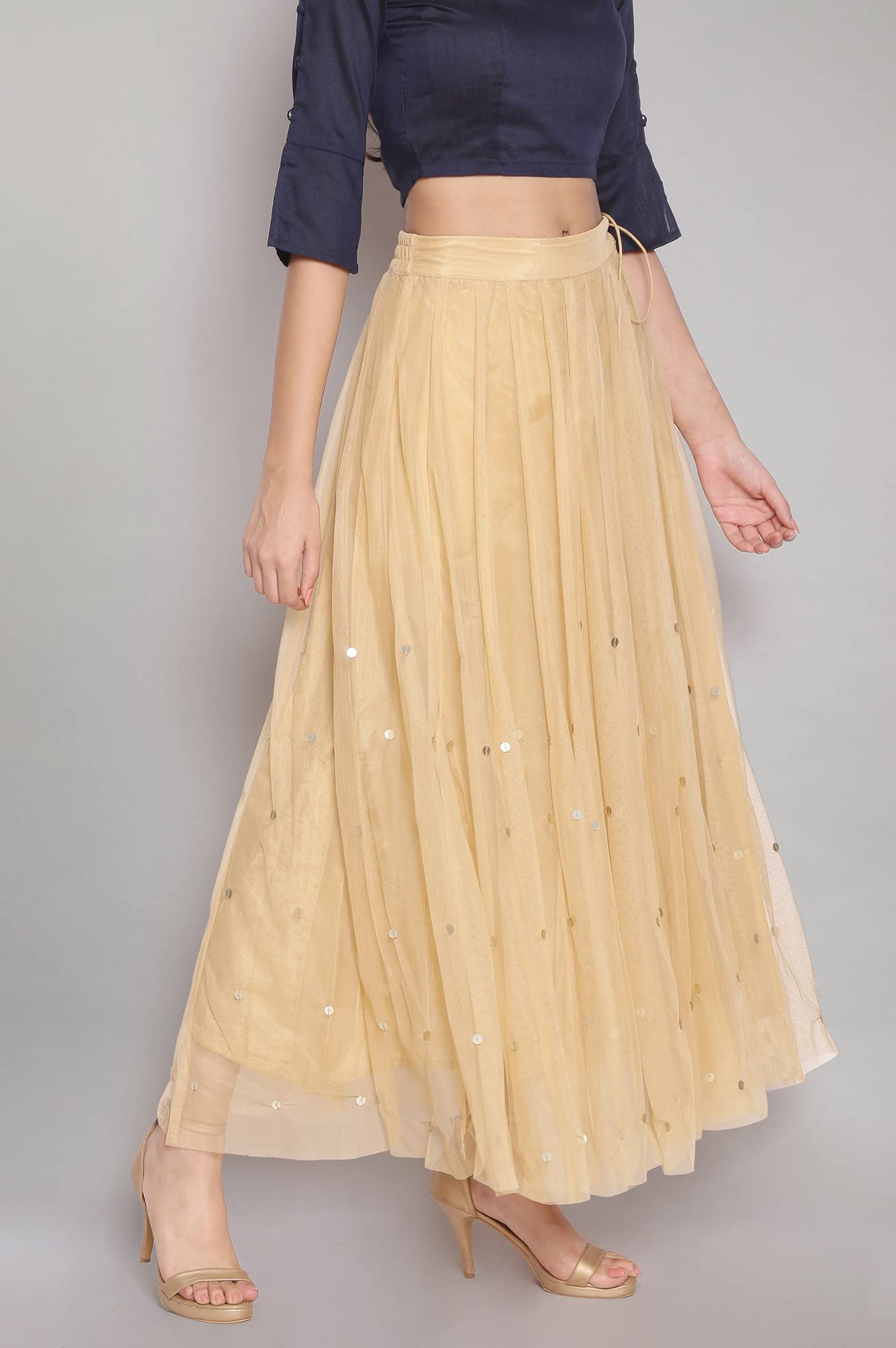 W for Woman Gold Solid Sequin Flared Woven Skirt (WCR50453-215243-S)