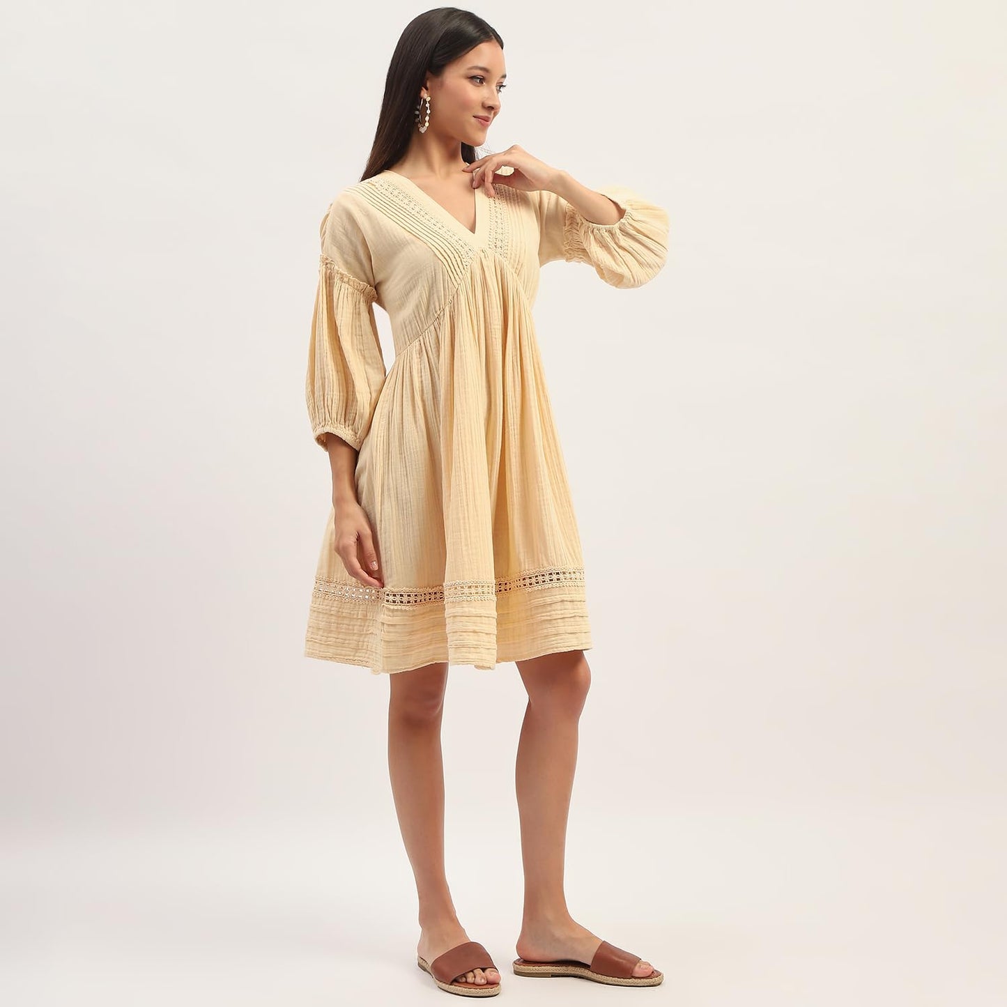 Madame Puff Sleeve Fit and Flare Cotton Beige Midi Dress