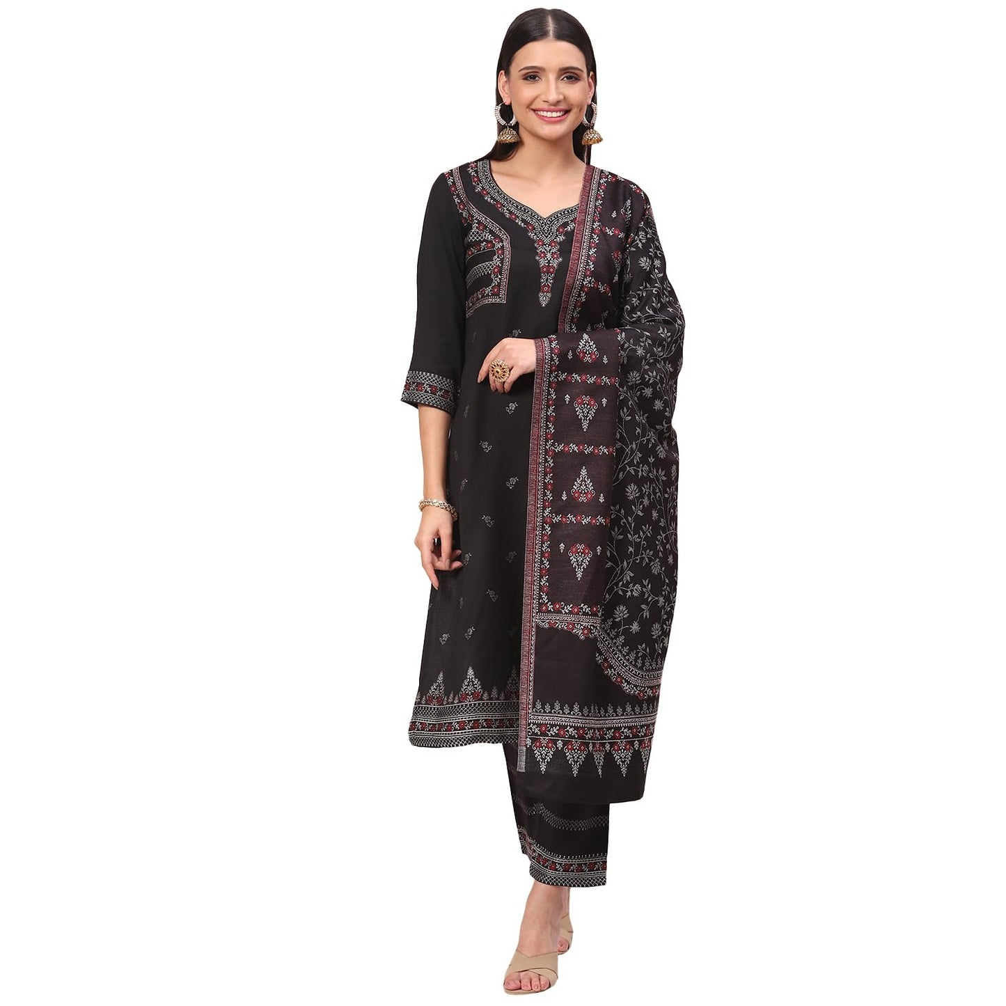 Rangriti Women Polyester Blend Yarndyed Suit Set (RSKWINTERW17232_Black_M)