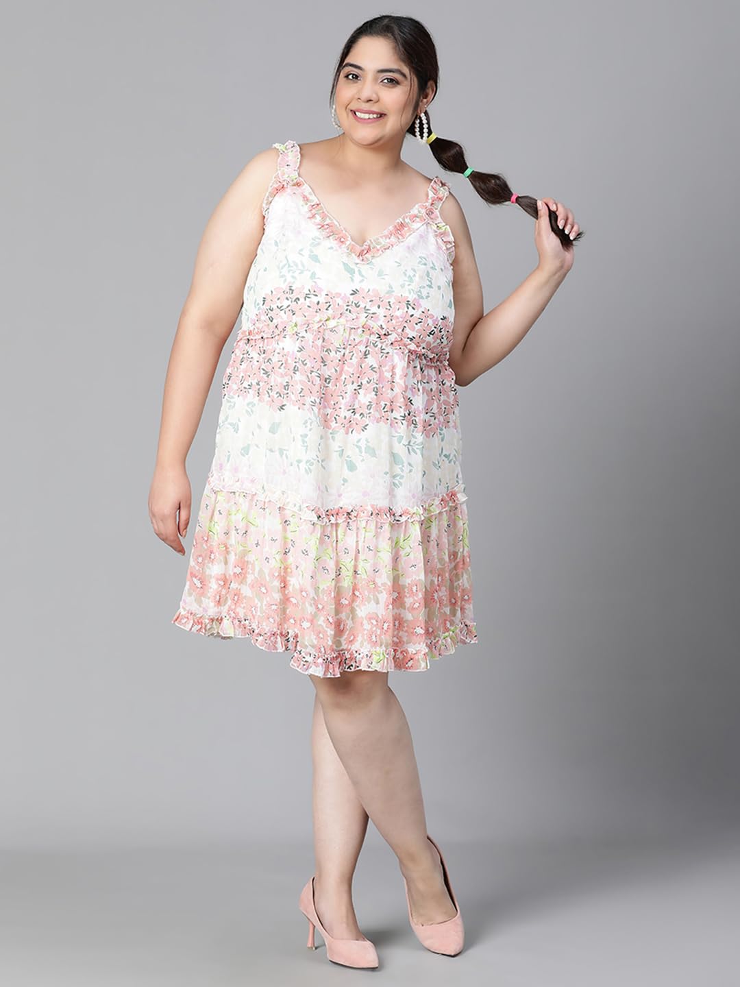 oxolloxo Women Plus Size Multicolor Floral Print Round Neck Sleeveless Knee-Length Dress