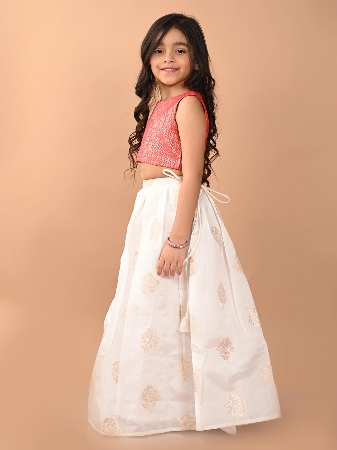 LILPICKS Embossed Sleeveless Blouse with Batik Printed Lehenga Set for Girls (Pink White) (9-10Y)