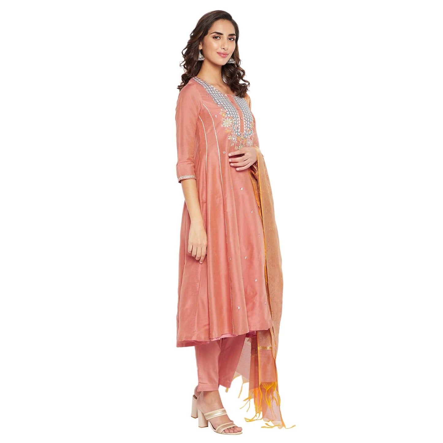 Rangavali Peach Cotton Silk Festive Anarkali Suit Set With Dupatta | Readymade Kurti Pant Set | Embroidery Krta For Women | 3 Pcs Set | XS, 30