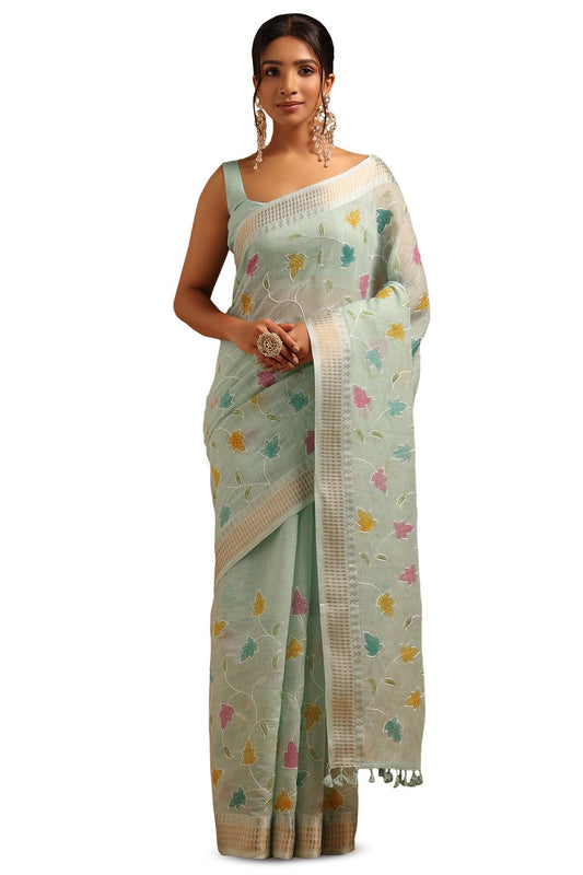 Soch Womens Powder Blue Linen Botanical Saree With Sequins