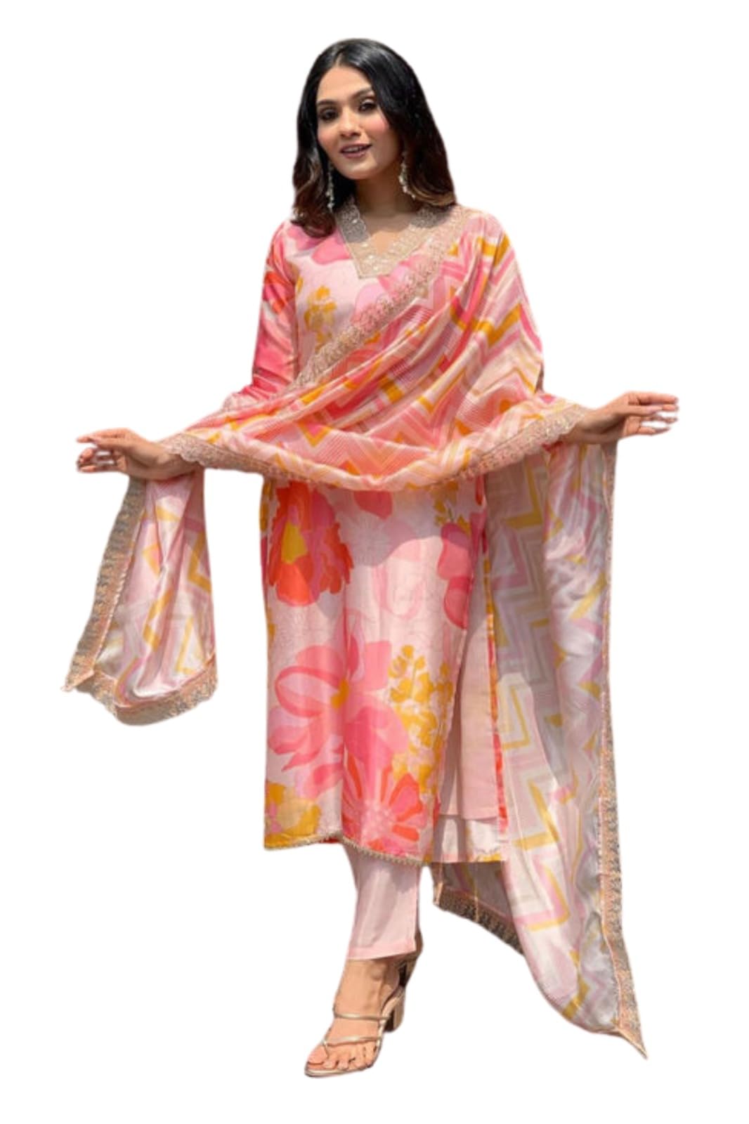 SHIENZY Women's Casual Cotton Blend Floral Printed V Neck Straight Traditional Suit Salwar with Dupatta || Matching Kurta Pant Sets || Festive Ethnicwear (1501SHZ_PNK_XL) Red