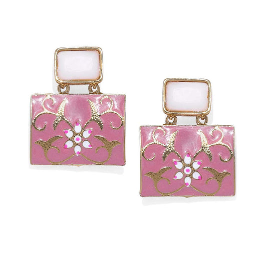 Accessher Contemporary Style Indo Western Inspired Pink Enamel and Pink Stone Embellished Geometric Design Dangle Drop Earrings for Women and Girls Pair of 1