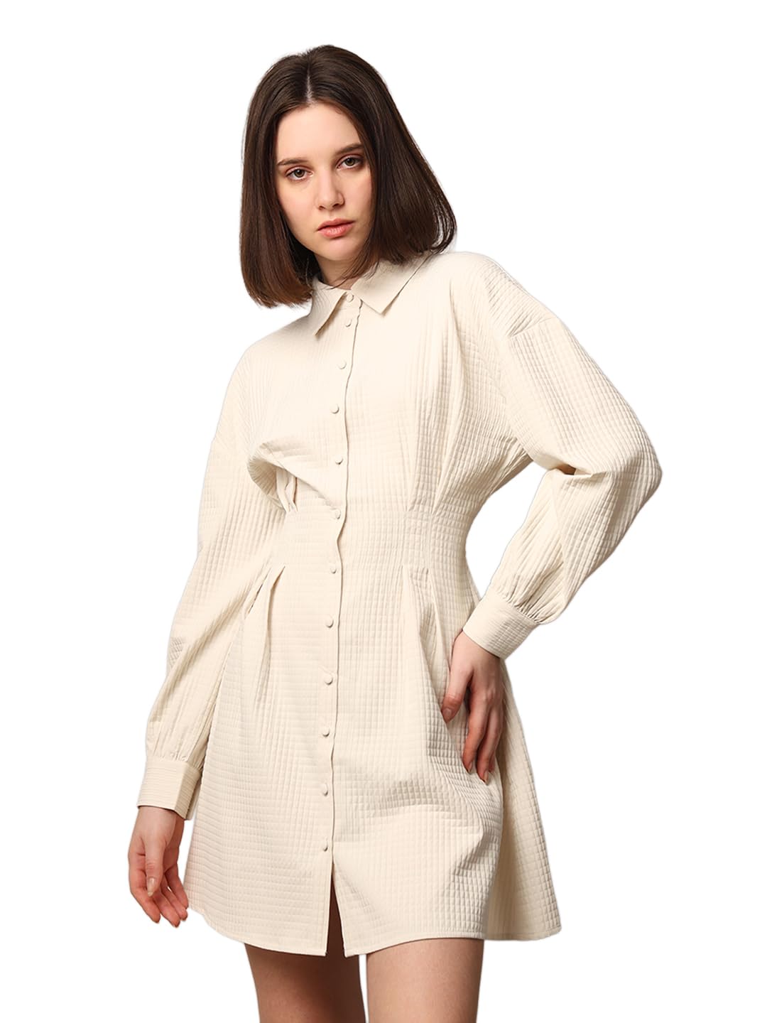 ONLY Women Textured Fit and Flare Casual Beige Shirt Dress