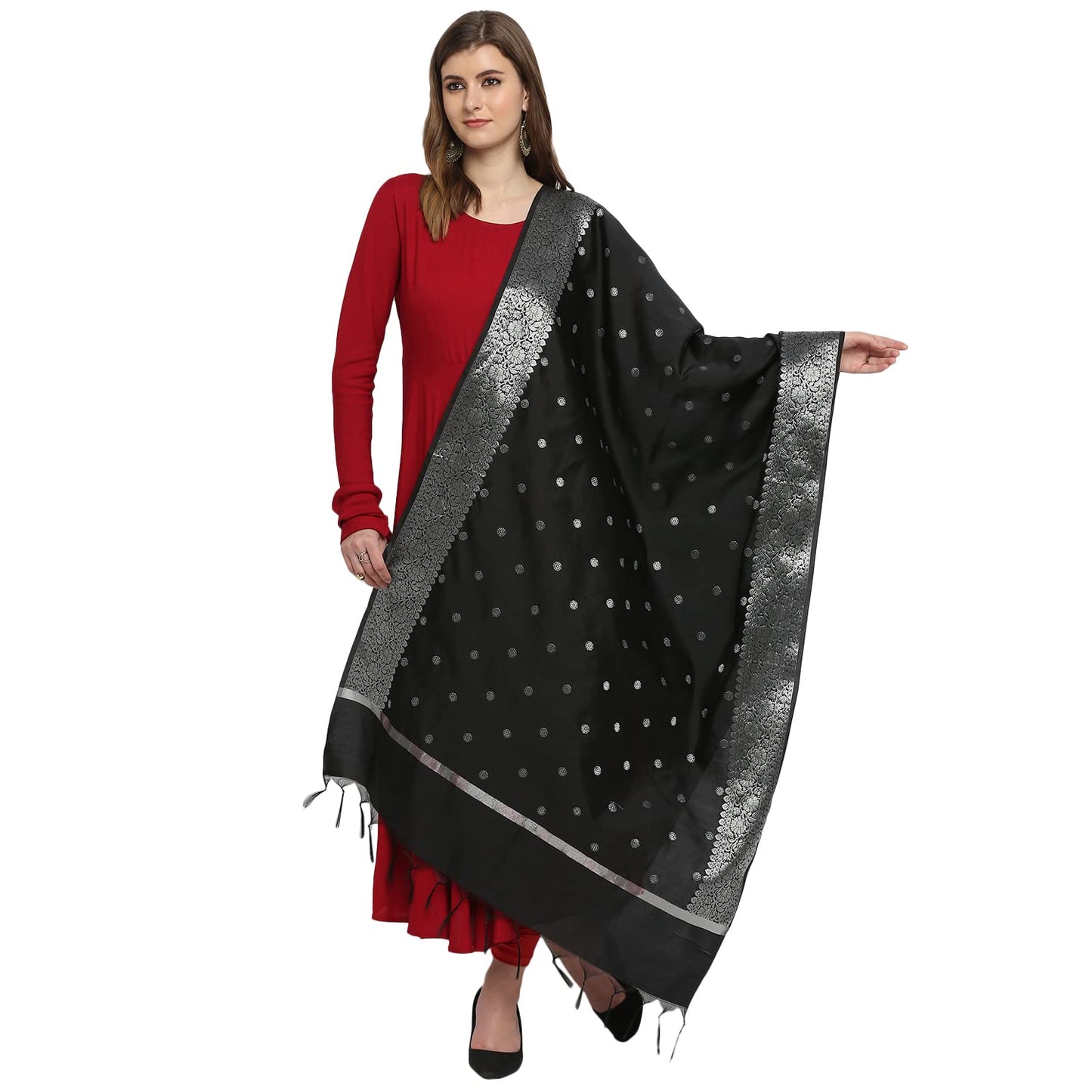 DUPATTA BAZAAR Women's Solid Silk Dupatta (DB3013_Black_Free)