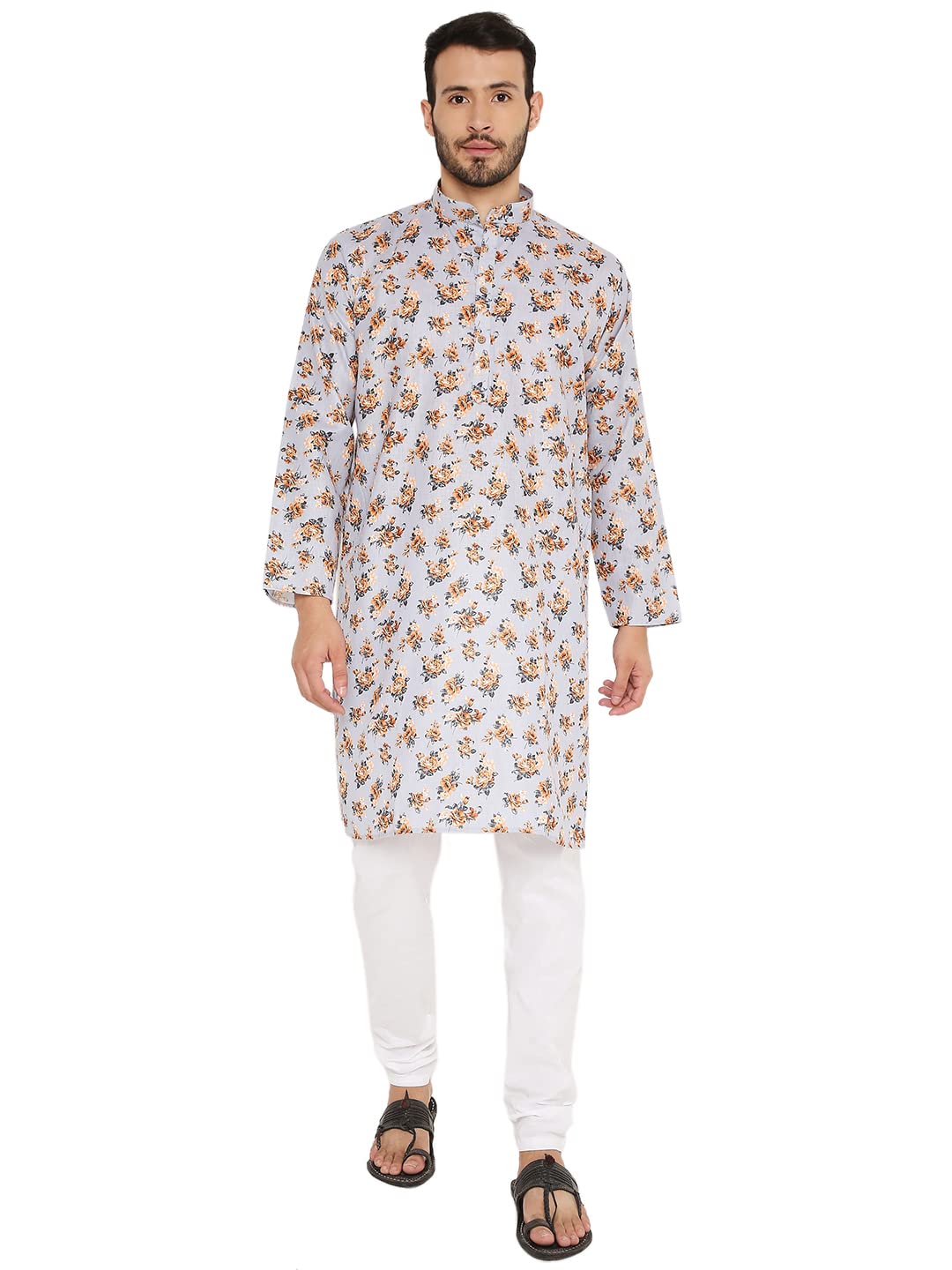 LUCKWIN Linen Regular Fit, Mandarin Collar, Floral Print Kurta Pajama Set in Light Grey for Men [LWKP169-36-2023]