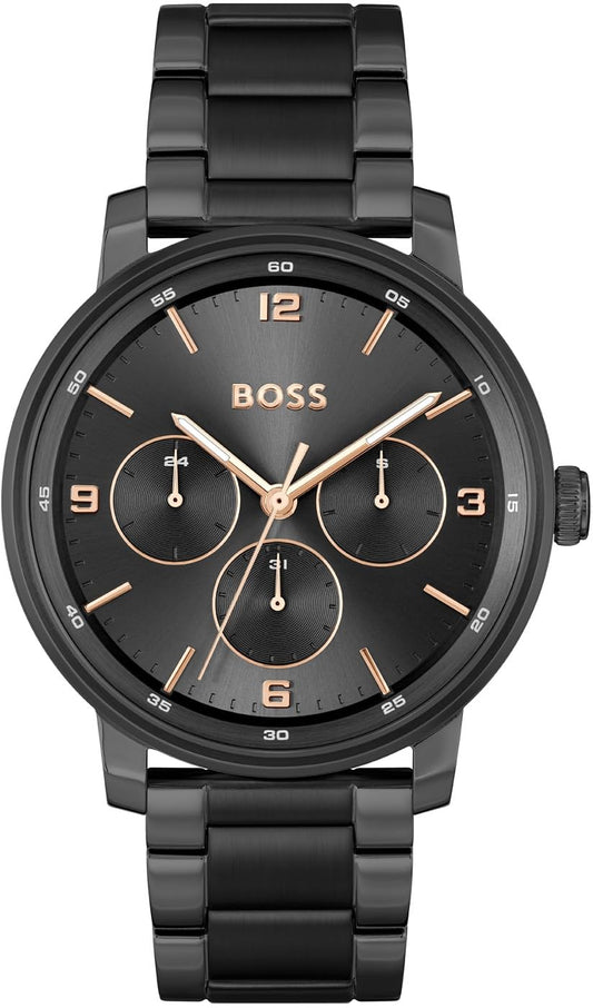 BOSS Contender Qtz Multifunction Black Round Dial Men's Watch|Ionic Plated Black Steel Material|Back Color Band - 1514128