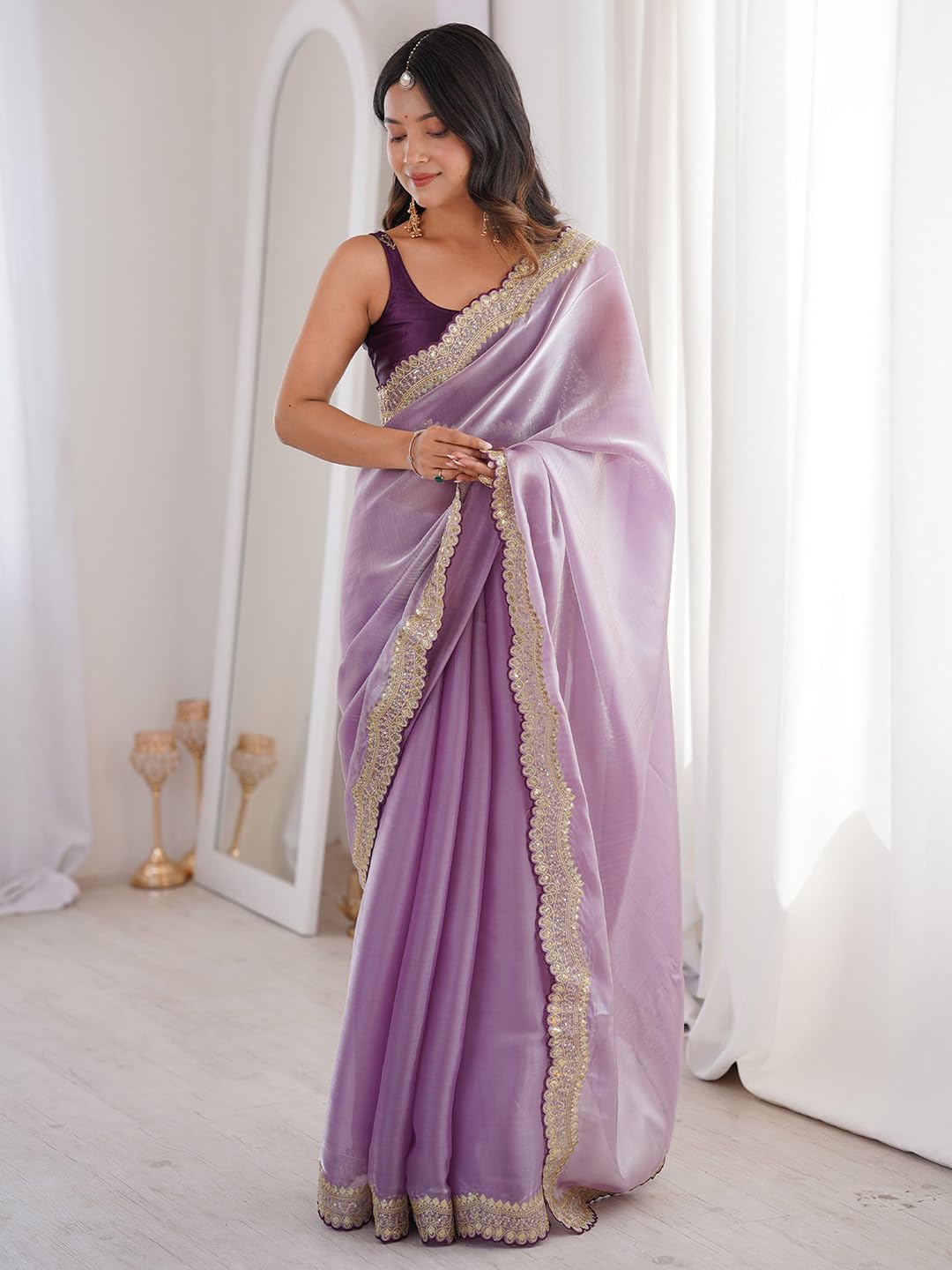 AKHILAM Women's Shimmer Lavender Satin Sequins Embroidery Work Saree With Unstitched Blouse Piece | saree for woman | Designer Saree for Women | Soft and Skin Friendly (AARYAN19902_KR)