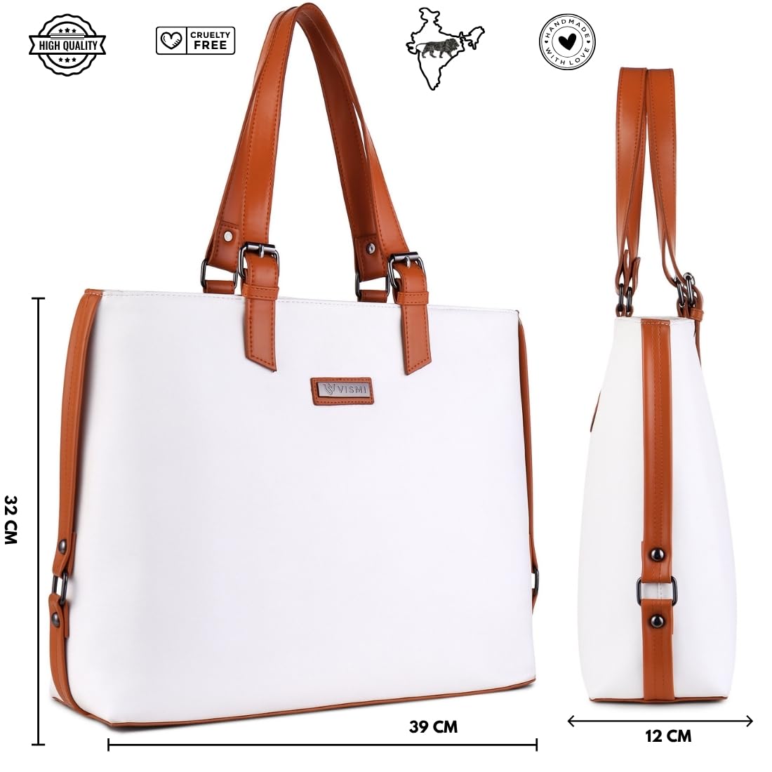 VISMIINTREND Vegan Leather Tote Shoulder Bags for Women Office Use, Fits Upto 15.6 Inch Macbook Laptops, Work/Travel/College Bag, Stylish Ladies Totes Purse Handbag, Gifts for Wife/Sisters (White)