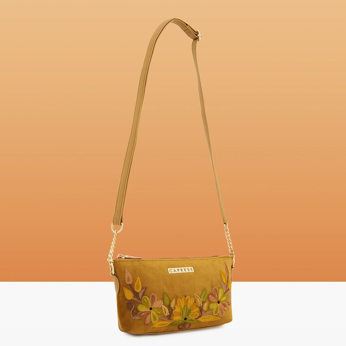 Caprese Siji Tresna Small Sling Bag for Women | Kashida Embroidery Crossbody with Adjustable Strap & Secured Zip Closure | Stylish Handbag for Everyday Use, Travel & Special Occasions (Brown)