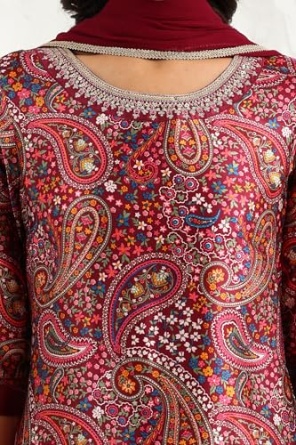 W for Woman Wine Paisley Printed Japanese Satin Embroidered Neck Kurta with Straight Pants with Dupatta (Size: XXL)-24AUWS11968-124645