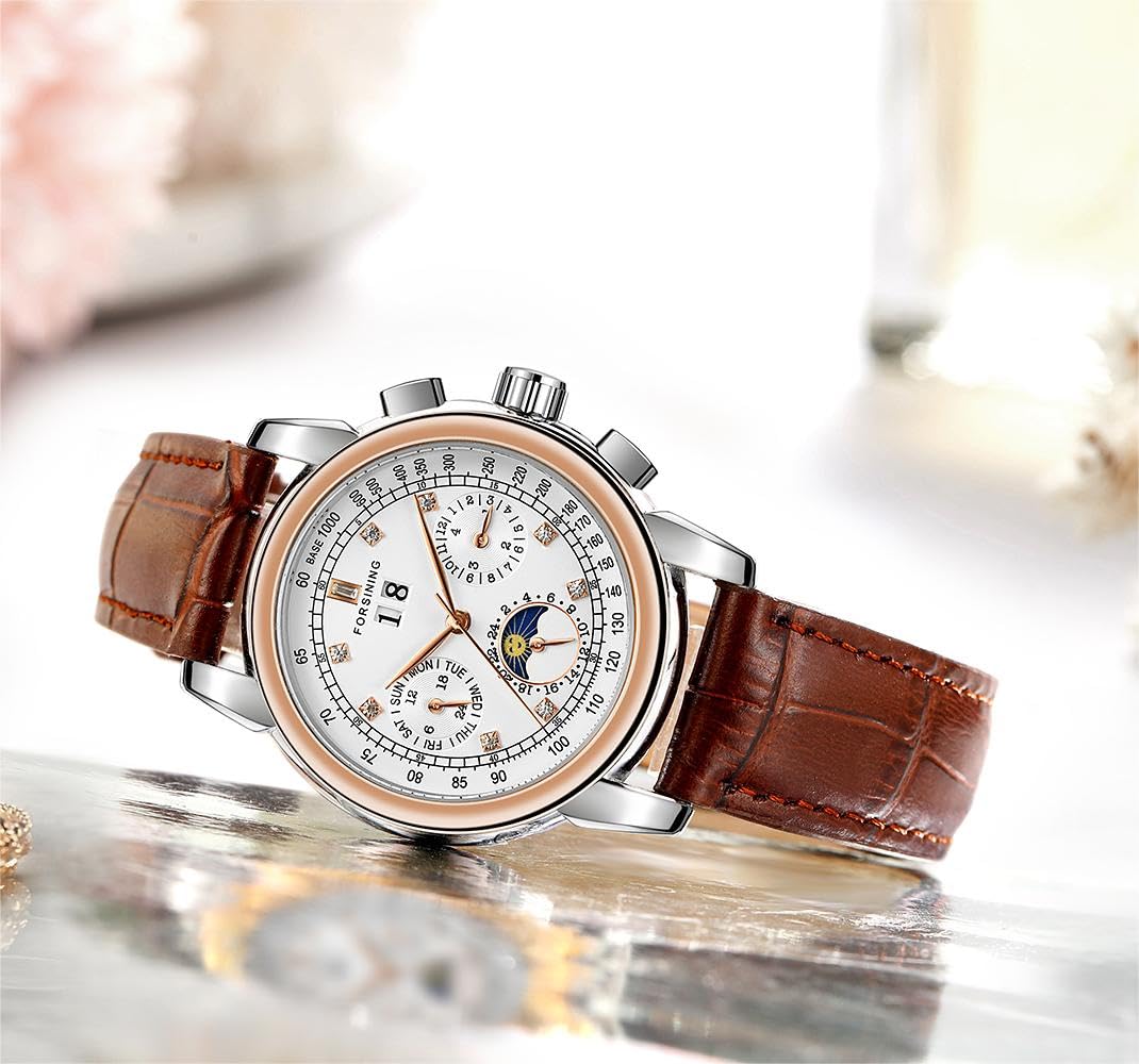 FORSINING Women Waterproof Automatic Business Watch Lady Calendar Self Winding Stainless Steel Moon Phase Wrist Watch, 1-Rose Gold, Modern