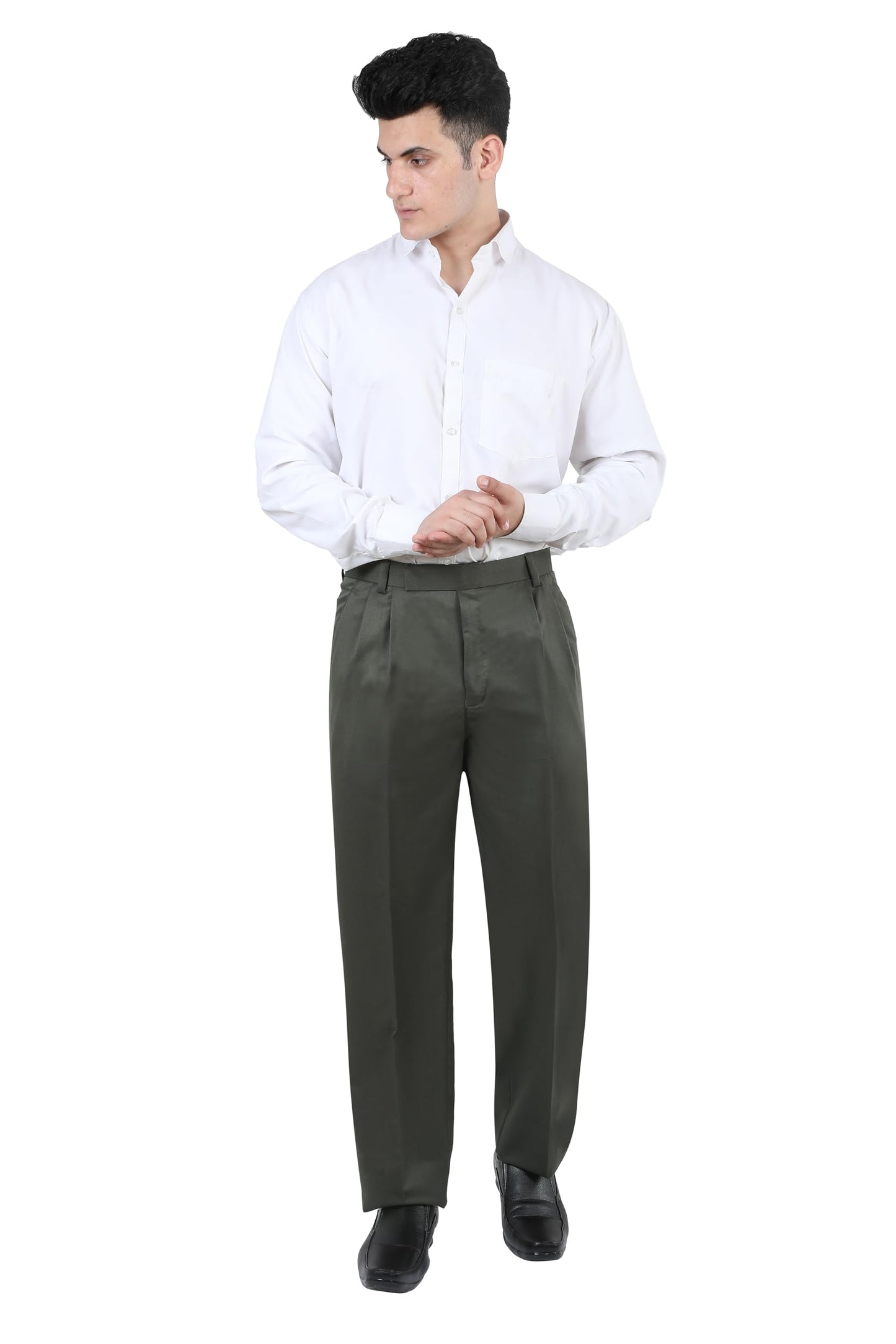 Particle Men's Double Pleated Cotton Blend Trousers | Textured Cross-Hatch Twill Formal Pants | Classic Fit for Office & Business, Olive Green, 32
