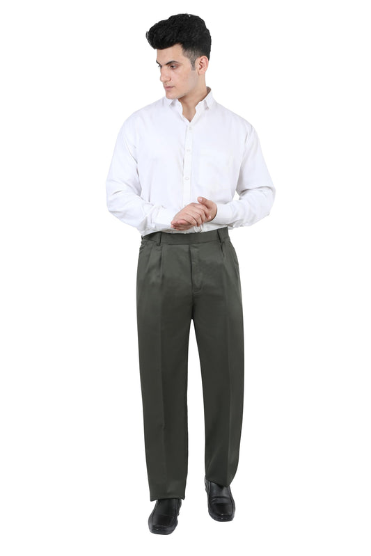 Particle Men's Double Pleated Cotton Blend Trousers | Textured Cross-Hatch Twill Formal Pants | Classic Fit for Office & Business, Olive Green, 32
