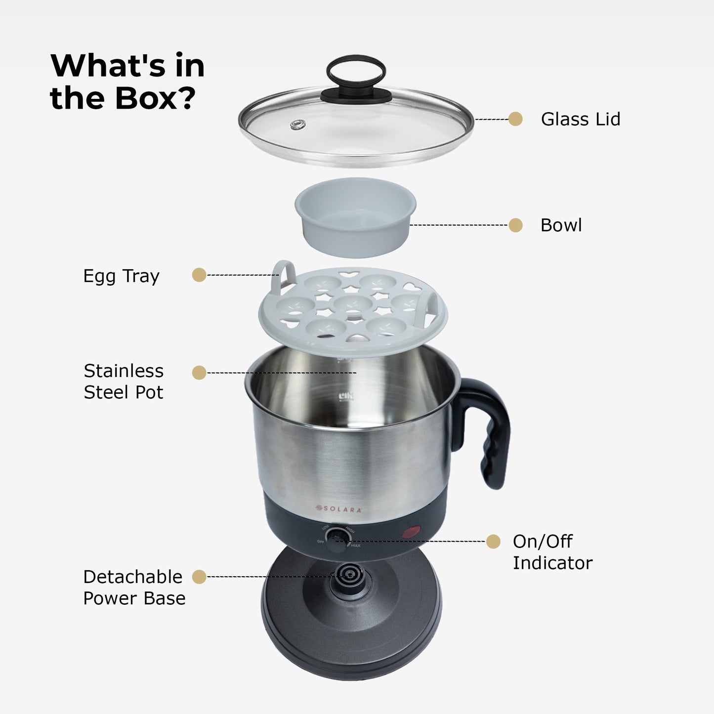 SOLARA Electric Kettle Multipurpose 1.5 Litre, 600 Watts, Stainless Steel Body with Glass Lid, 3 Boiling Modes, for Hot Water, Milk, Tea, Coffee, Cooking Oats, Noodles, Soup, Egg Boiler Machine-Black