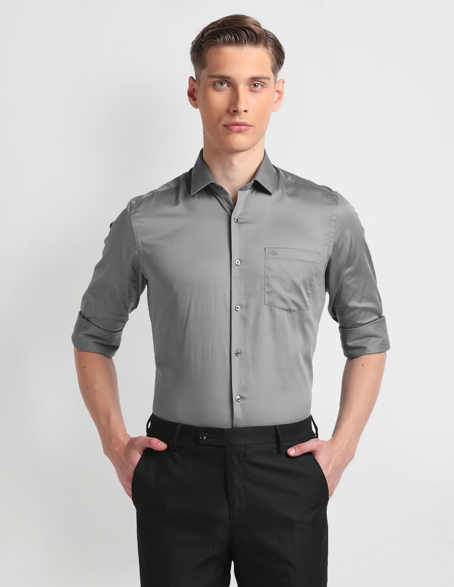 Arrow Men's Grey Solid - Cutaway Collar Full Sleeves Formal Shirt with Chest Pocket | Cotton Fabric | Slim Fit