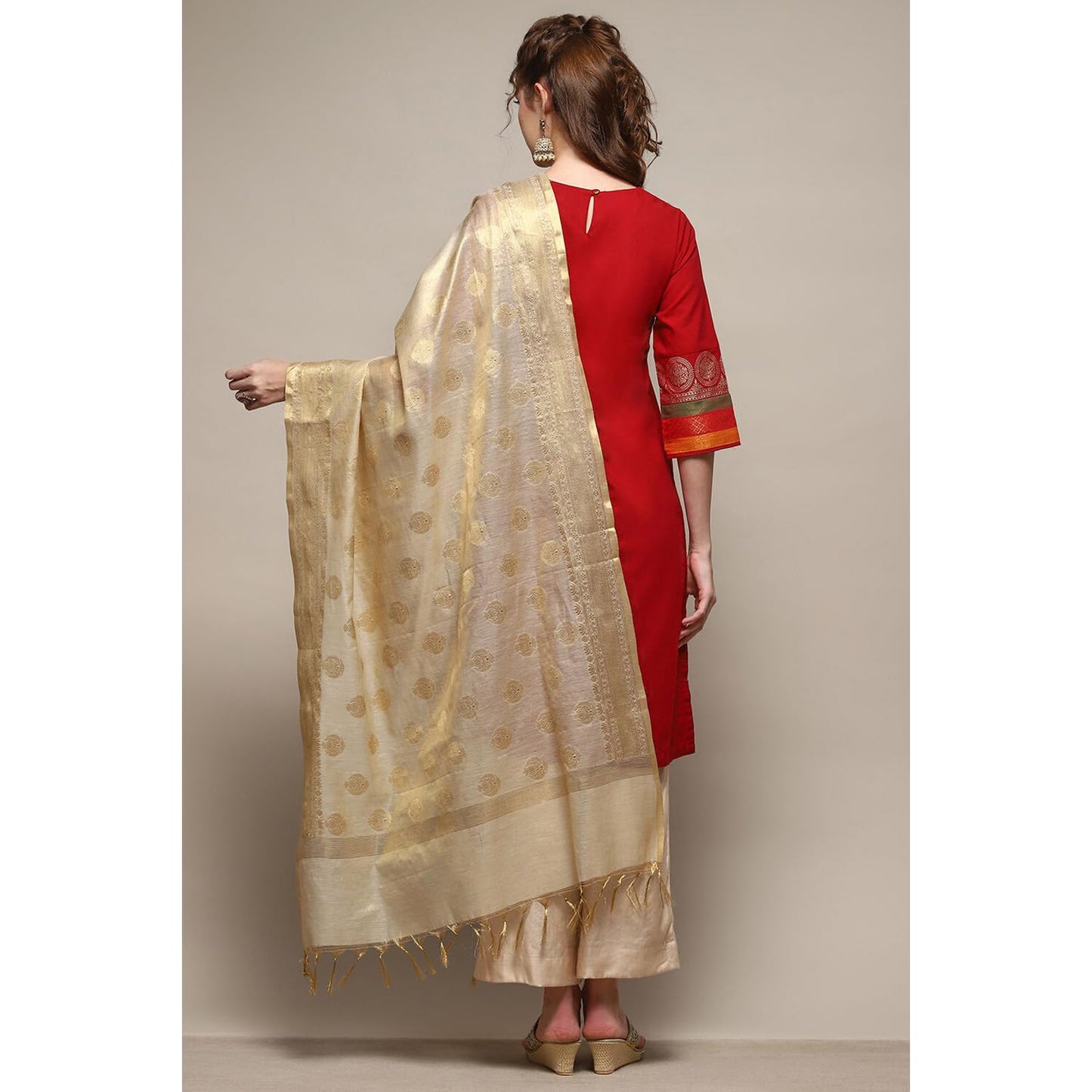 BIBA Women's Gold Polyester Yarn dyed Dupatta