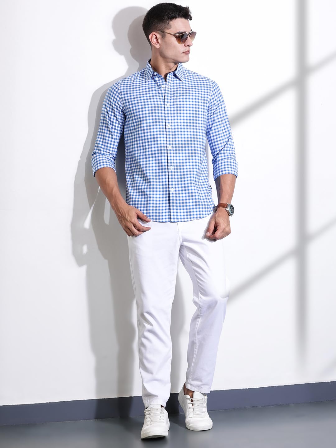 Thomas Scott Men | Long Sleeves | Gingham Checks | 100% Cotton | Spread Collar | Casual Shirt | (Available in Plus Size)(TS1481_Blue_XL)