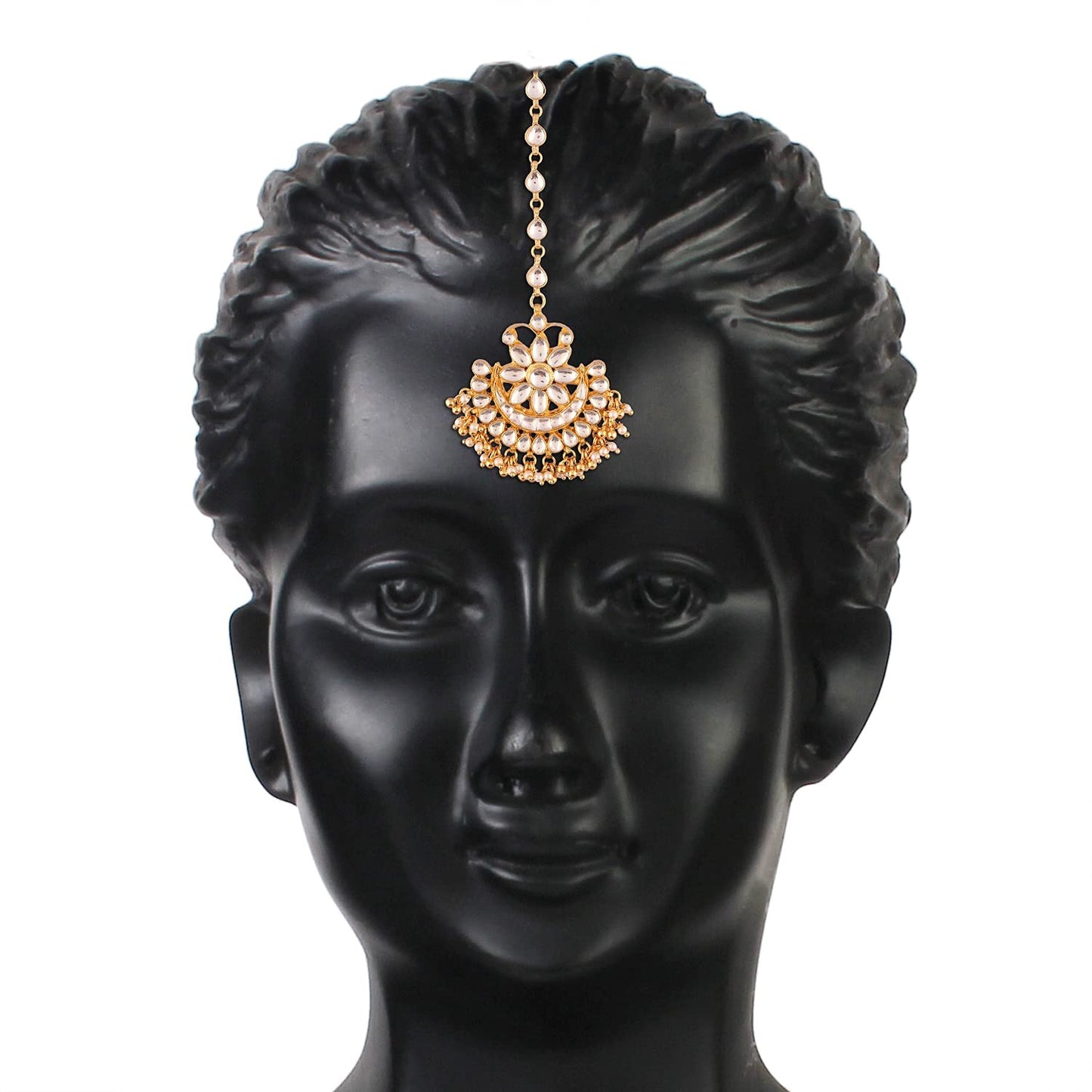 ACCESSHER Traditional White Jadau Kundan and Pearl Chaandbali Style Maang Tika for Women