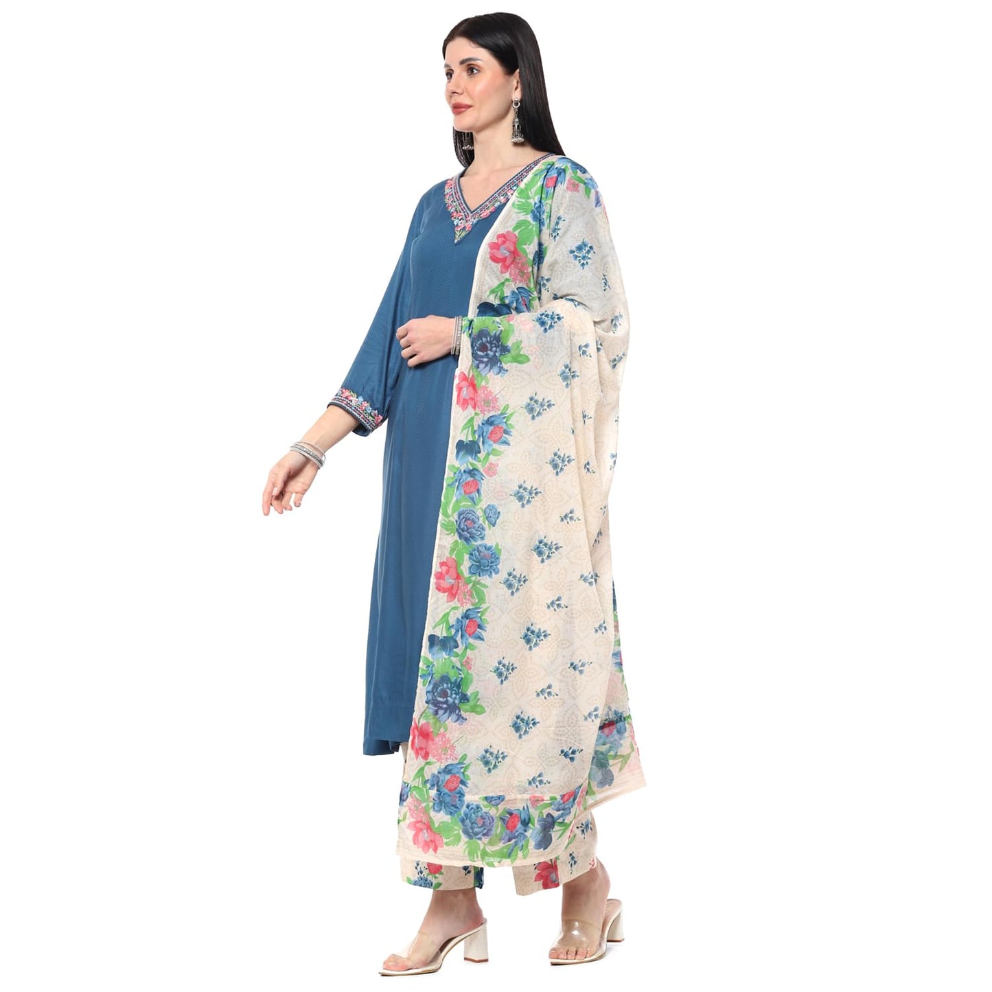 BIBA Women YARNDYED KALIDAR SALWAR KURTA DUPATTA(SKDKIAARA9445_TEAL_38)