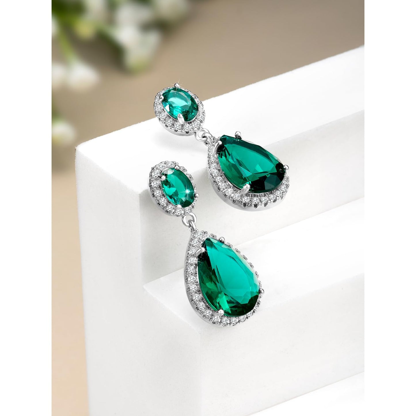 Peora Silver Plated Cubic Zirconia & Green Crystal Studded Drop Earrings Trending Jewellery For Women