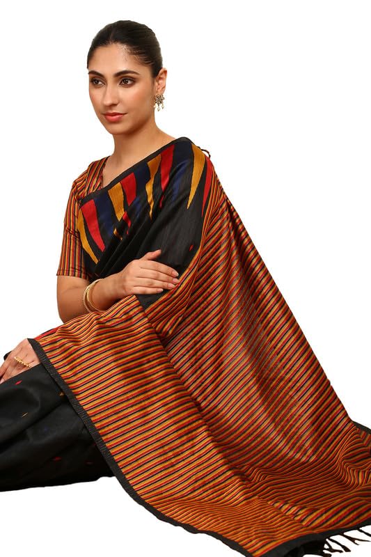Soch Womens Black Tussar Geometric Print Saree With Tassels