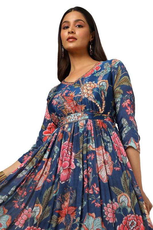 Soch Womens Navy Blue Chinon Floral Gathered Dress with Belt