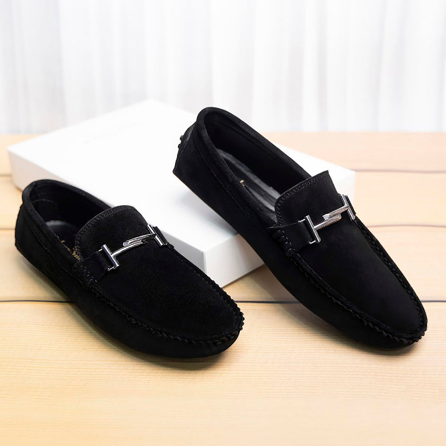 LOUIS STITCH Suede Loafers for Men | Designer Buckle Moccasins | Formal & Casual Slip-On Shoes | Ideal for Business, Parties, Everyday Wear | Solid Obsidian Black | UK Size 10 (ITSUD-)