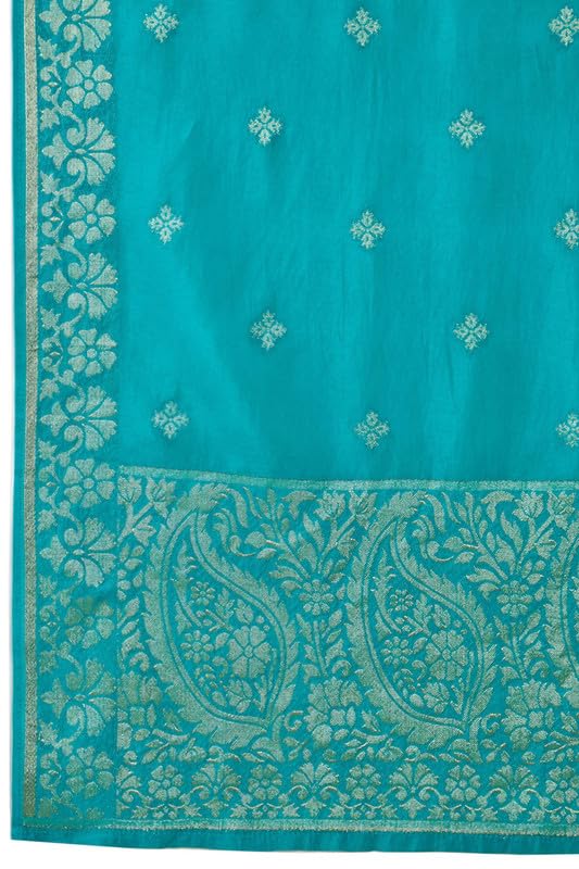 Soch Womens Turquoise Blue Brocade Blend Suit Set with Floral Print and Hand Embroidery