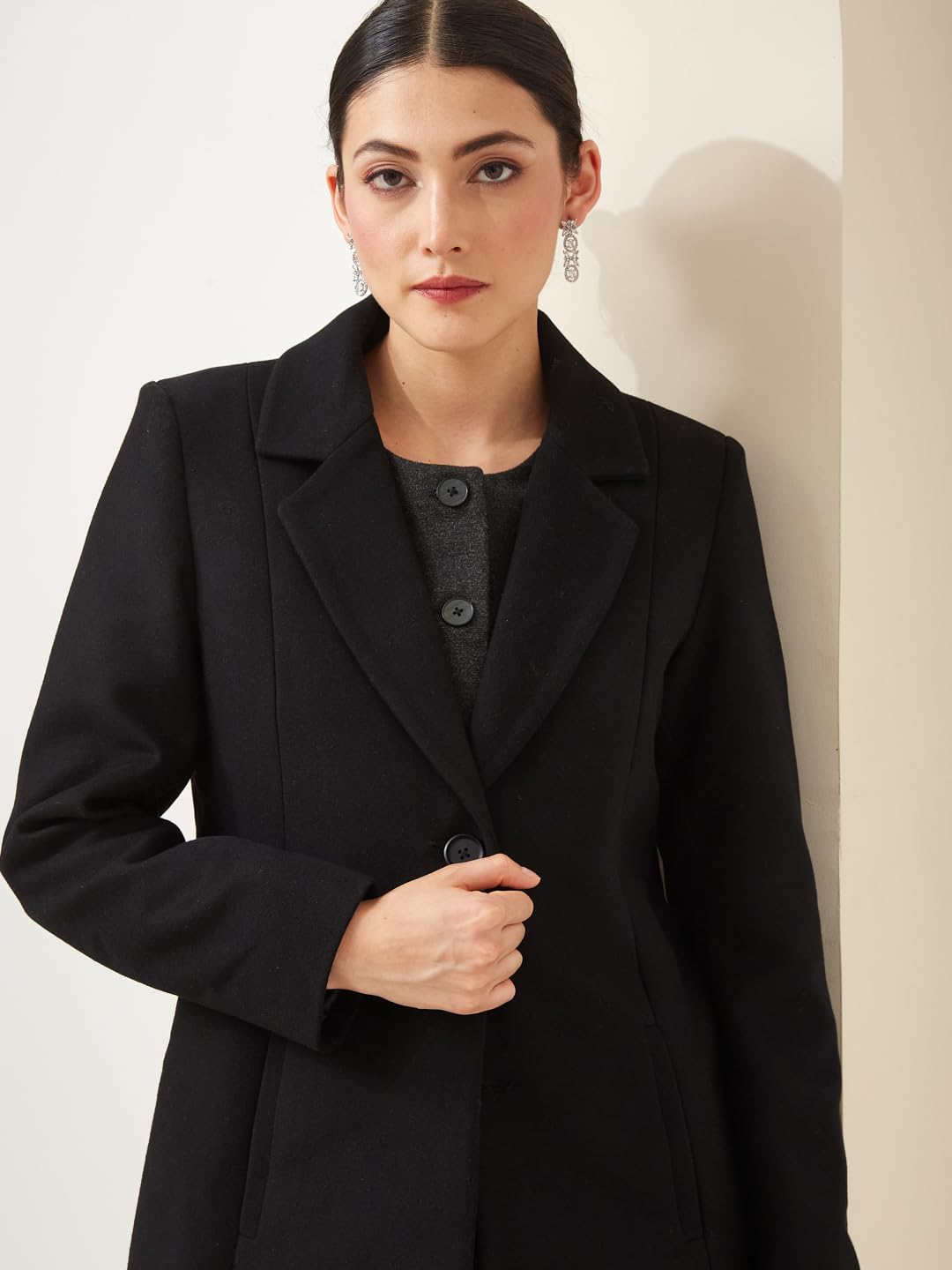 Latin Quarters Women Black Collared Full Sleeves Solid Casual Coat
